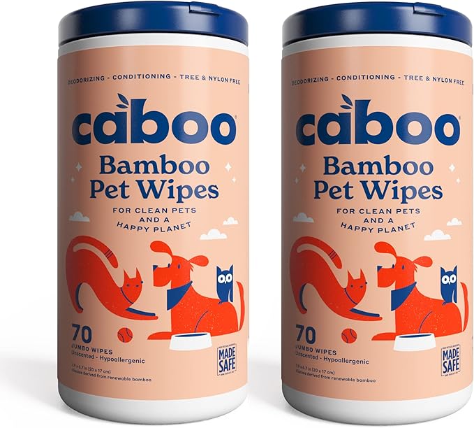 Caboo Tree Free Pet Wipes for Dogs & Cats, Natural, Deodorizing, Hypoallergenic Cleaning Wipes for Eyes, Ears, Paws, & Face (Unscented, 2 Canisters, Total of 140 Jumbo Wipe)