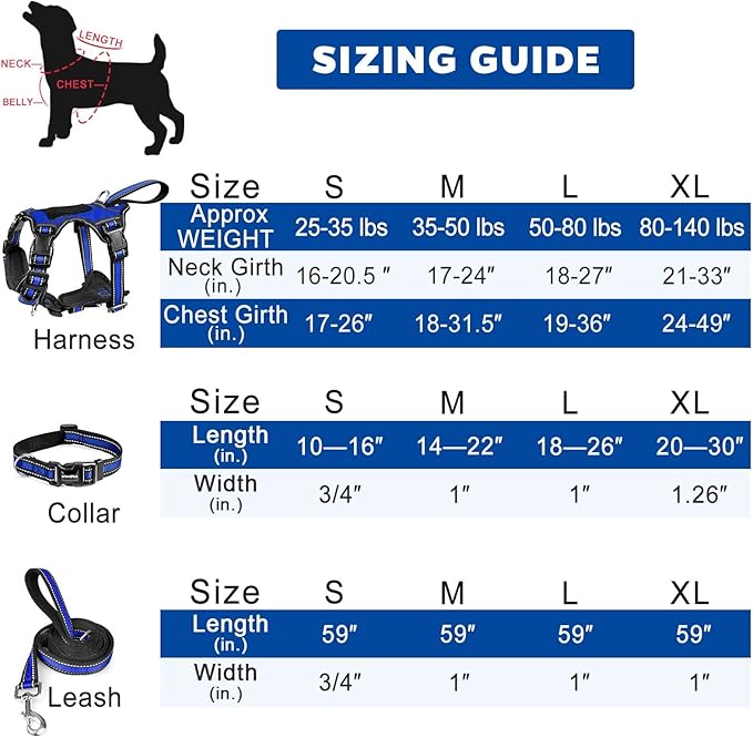 WINSEE Pet Harness Collar and Leash Set, All-in-one Reflective Dog Harness No Pull with Adjustable Buckles for Puppies, Small, Medium, Large, and Extra-Large Dogs (Small, Dark Blue)