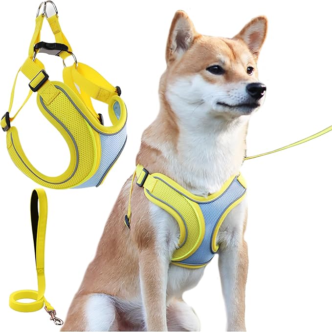 No Pull Dog Harness with Leash Set All Weather Soft Padded Mesh Reflective X Shape Adjustable Step in Vest Harness for Small and Medium Dogs Big Cat XS Yellow