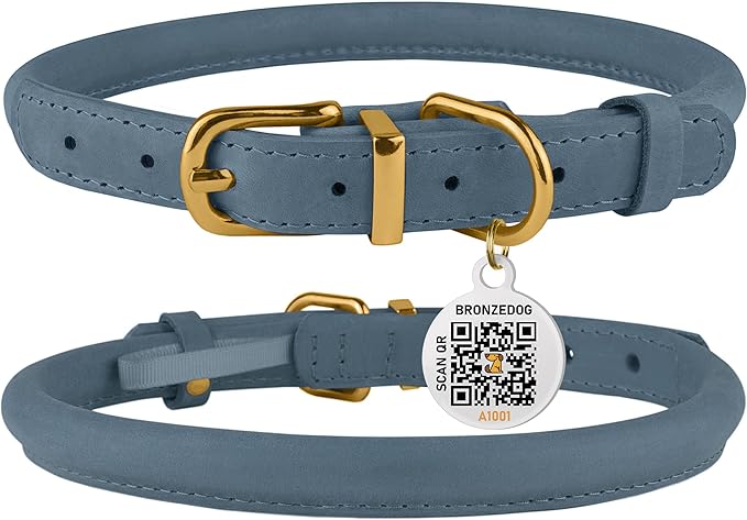 BRONZEDOG Rolled Leather Dog Collar with QR ID Tag Adjustable Soft Round Collars for Small Medium Large Dogs Puppy Cat (9" - 11" Neck Size, Denim)