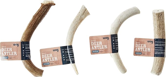 Amazon Brand - Wag Deer Antler Chew for Dogs, Naturally Shed, Whole, Medium 6-7.5 inches, Best for Dogs 15-30 lbs, 1.80 Ounce (Pack of 4)