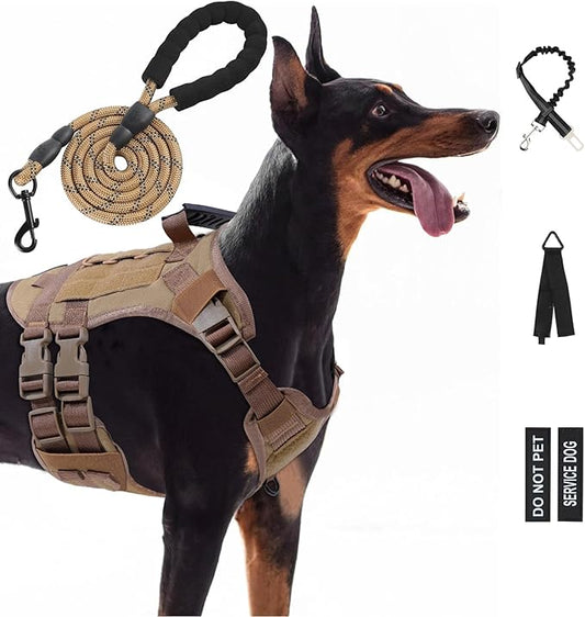 No Pull Tactical Dog Harness for Small Dogs, Escape Proof Molle Dog Vest Harness and Leash Set, Adjustable Military Service Dog Harness with Handle for Medium Large Dogs(Brown, Small)