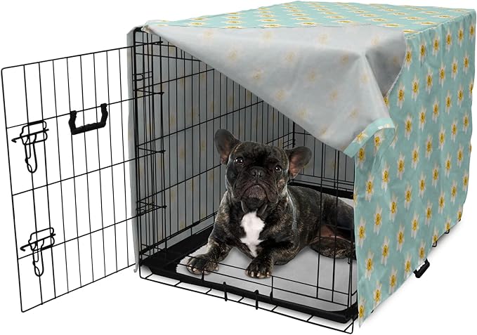 Lunarable Daffodil Dog Crate Cover, Pastel Nature Pattern with Spring Field Theme Narcissus Flower Heads, Easy to Use Pet Kennel Cover for Cats & Medium Dogs, 24 Inch, Seafoam Cream Yellow