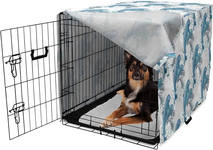 Lunarable Dolphin Dog Crate Cover, Happy Dolphins Jumping and Swimming in Deep Water Grey and Blue Mammals, Easy to Use Pet Kennel Cover for Medium Large Dogs, 36 Inch, Blue Grey Slate Blue