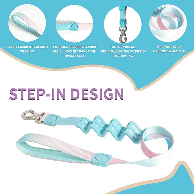 Tri-Color Dog Harness and Purple Pink Gradient Shock Absorbing Dog Leash Set,Step-in Freedom Dog Vest Harness,Strong Padded Handle to Help Stop Pulling for Midium Dog Walking and Traning