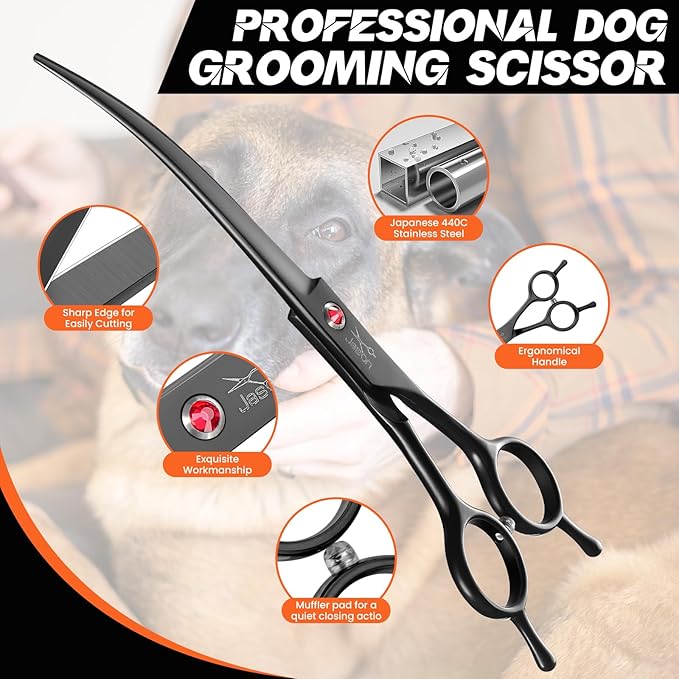 JASON 7.5" Dog Grooming Scissor - Professional Down-curved Shear with Ergonomic Handle Japanese Stainless Steel Hair Scissor for Dogs, Cats and Other Pets, Sharp (Down-curved, Black)