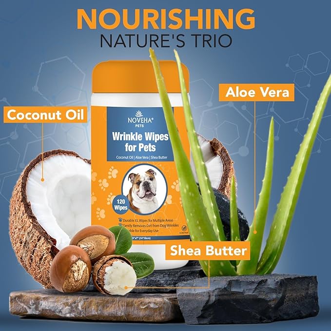 NOVEHA Wrinkle XL Wipes for Dogs | Wipes for Bulldog, French Bulldog, Pug, English Bulldog – Wipes for Multiple Areas Removes Dirt, Wrinkles, Folds, Tear Stain, Tail Pockets & Paws (240 Counts)