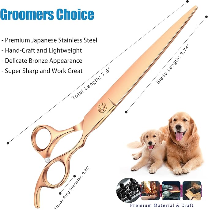 7.5" Dog Grooming Scissors Trimming Cutting Shears Professional for Dog Cat Pet Animal Grooming on Face and Paws Gold