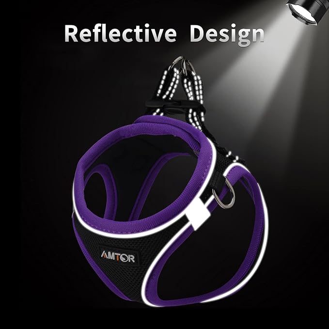 AMTOR Small Dog Harness with Leash Set, No Escape Easy Walk Puppy Harnesses for Training Walking, Step-in Reflective Soft Dogs Vest for XS S Medium Extra-Small Large Sized Dog(Black/Purple)