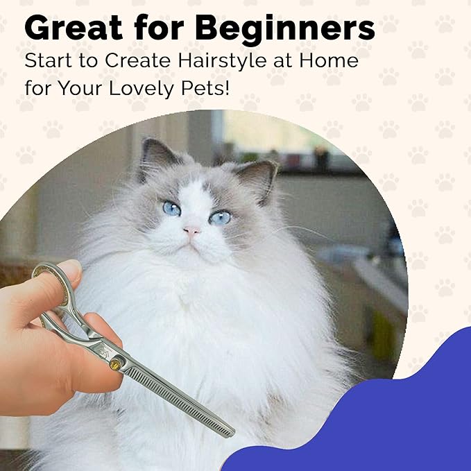 8.5'' Professional Thinning Grooming Scissors for Cats and Dogs, 50-Tooth Blending Shears, Sharp J2 Stainless Steel Blades with Safety Round Tip, Yellow Jeweled Screw, Silver Includes Cleaning Brush.