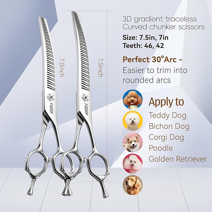 Professional 3D Curved Chunkers Dog Grooming Scissors 7in Magic Thinning Shears for Dogs Pet Cat Light Cutting Feel No Marks Only Fluffy Natural 70% Thinning Rate Japan Alloy Steel(7,3D)