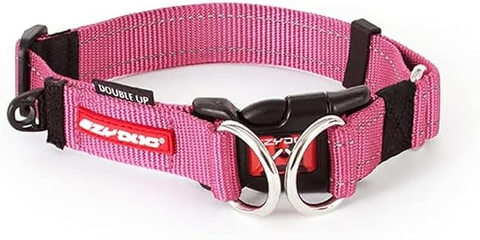 EzyDog Double Up Premium Nylon Dog Collar with Reflective Stitching - Double D-Rings for Superior Strength, Safety, and Comfortability - Non-Rusting and Includes an ID Attachment (X-Large, Pink)