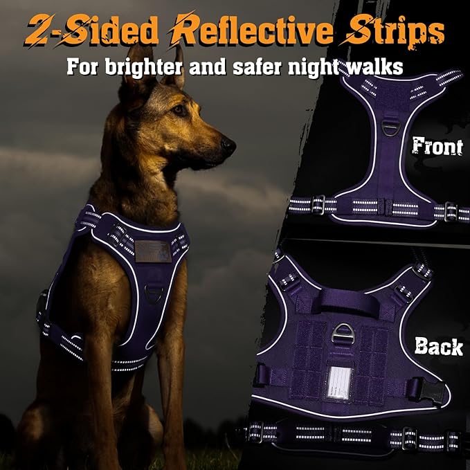 rabbitgoo Dog Harness Medium Sized No Pull, Tactical Service Dog Vest with Molle and Control Handle, Adjustable and Reflective Military Pet Harness for Easy Walking and Training, Purple, M