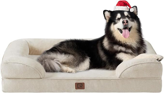 EHEYCIGA Orthopedic Dog Beds for Extra Large Dogs, Waterproof Memory Foam XXL Dog Bed with Sides, Non-Slip Bottom and Egg-Crate Foam Big Dog Couch Bed with Washable Removable Cover, Beige