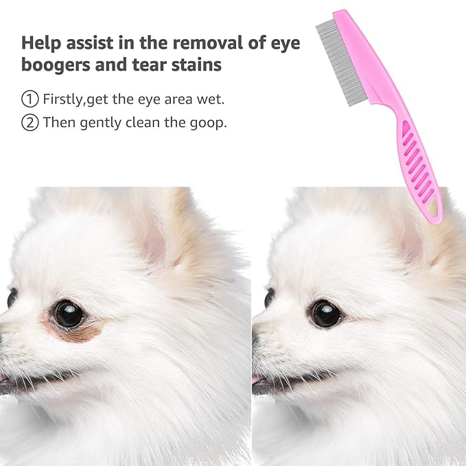 Flea Comb for Cats Dog Comb Lice Comb Metal Teeth Durable Tear Stain Dog Combs Remove Float Hair Combing Tangled Hair Dandruff Pet Comb Grooming Set 3 Pieces Add Storage Pouch (Pink)