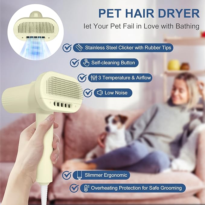 L&W BROS. Quiet Pet Grooming Dryer with Brush, Adjustable Temperature, and Overheating Protection for Small Dogs and Puppies (Light Yellow)