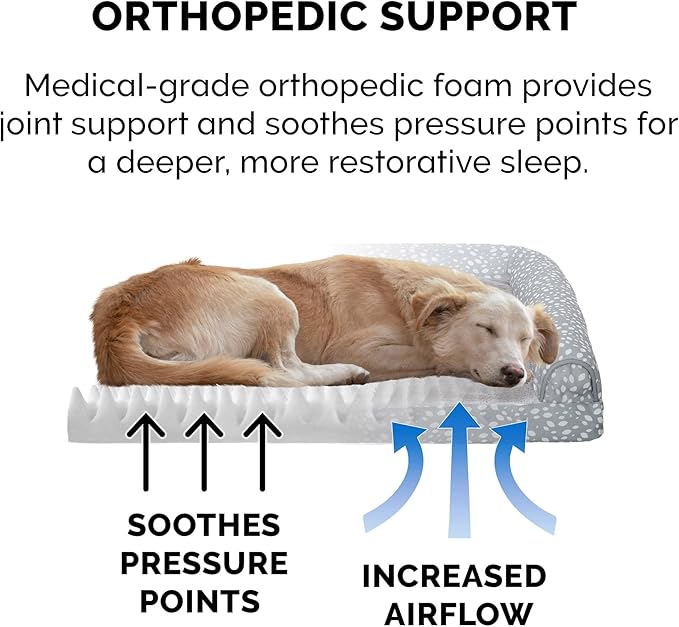 Furhaven Orthopedic Dog Bed for Large Dogs w/ Removable Bolsters & Washable Cover, For Dogs Up to 95 lbs - Plush & Almond Print L Shaped Chaise - Gray Almonds, Jumbo/XL