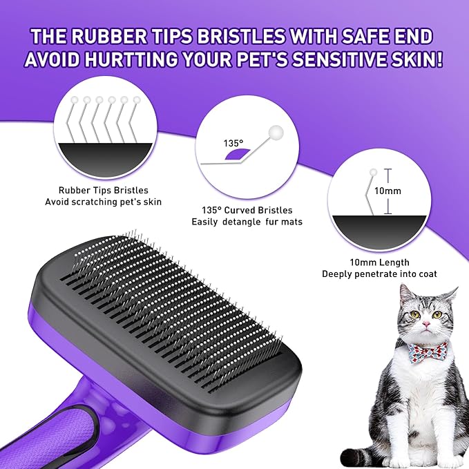 Dog Brush for Shedding, Self-Cleaning Slicker, 3 PCS Kit with Bath Brush & Flea Comb, Ideal for Short & Long Haired Pets, Removes Mats, Tangles, Fur, Gentle on Skin, for All Dogs. Purple
