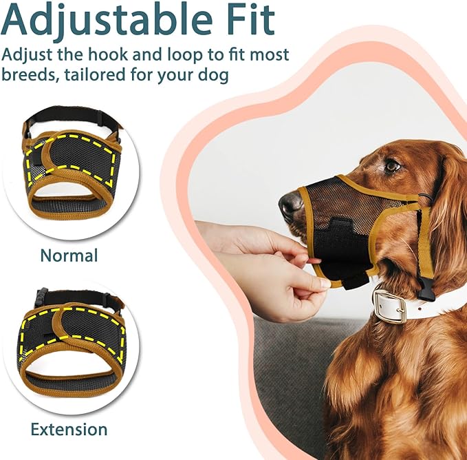 LUCKYPAW Dog Muzzle, Mesh Dog Muzzle for Large Medium Small Dogs, Soft Muzzles for Biting Chewing Fierce Barking, Breathable Muzzle with Adjustable Strap for Training (Brown, XS(Snout:6.5"-7.5"))