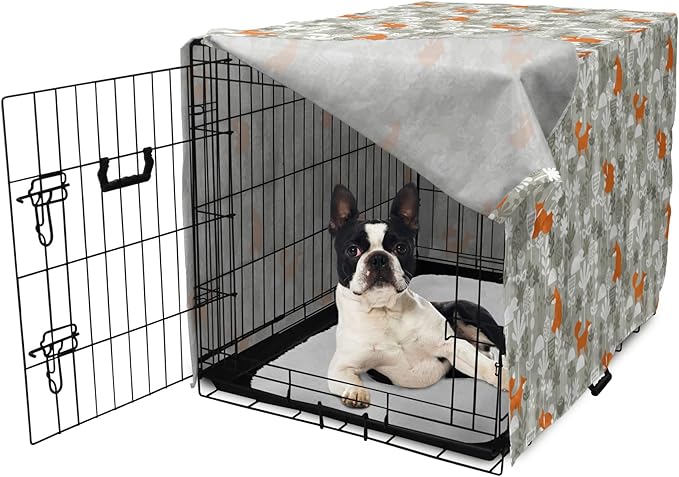 Lunarable Autumn Fall Dog Crate Cover, Fox Animal Sleeping in The Forest Plants Woodland Wildlife Theme, Easy to Use Pet Kennel Cover for Small Dogs Puppies Kittens, 22 Inch, Orange Grey White