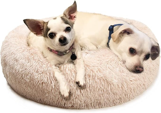 Small Dog Bed Calming Dogs Bed for Small Medium Large Dogs Anti-Anxiety Puppy Bed Machine Washable Warming Cozy Soft Pet Round Bed Fits up to 10-100 lbs (Medium (Pack of 1), Beige)