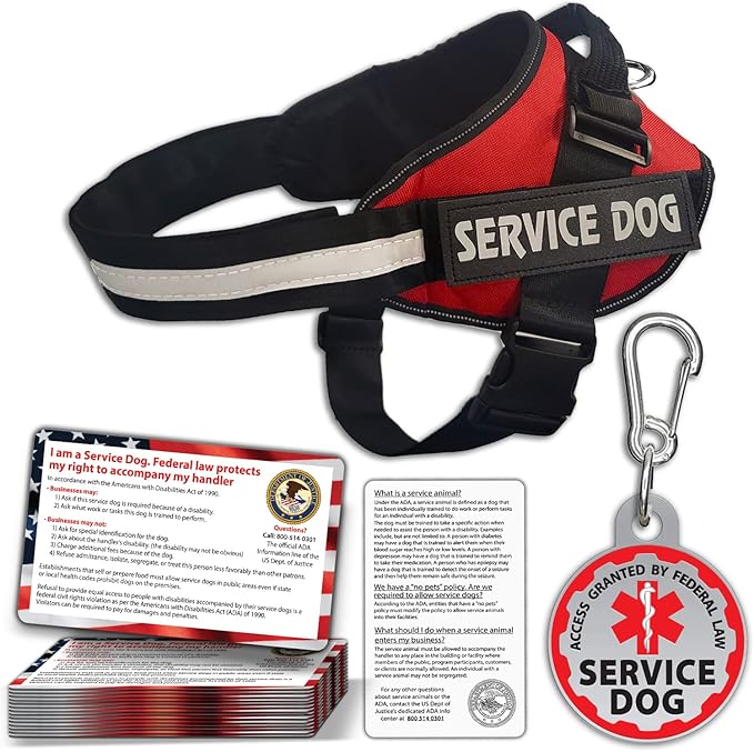 Service Dog Vest + ID Tag + 50 ADA Information Cards - Service Dog Harness w Patch in Sizes X Small to XX Large, Metal Dog Tag has Durable Clip, Service Animal Information Cards. ESA Accessory Set