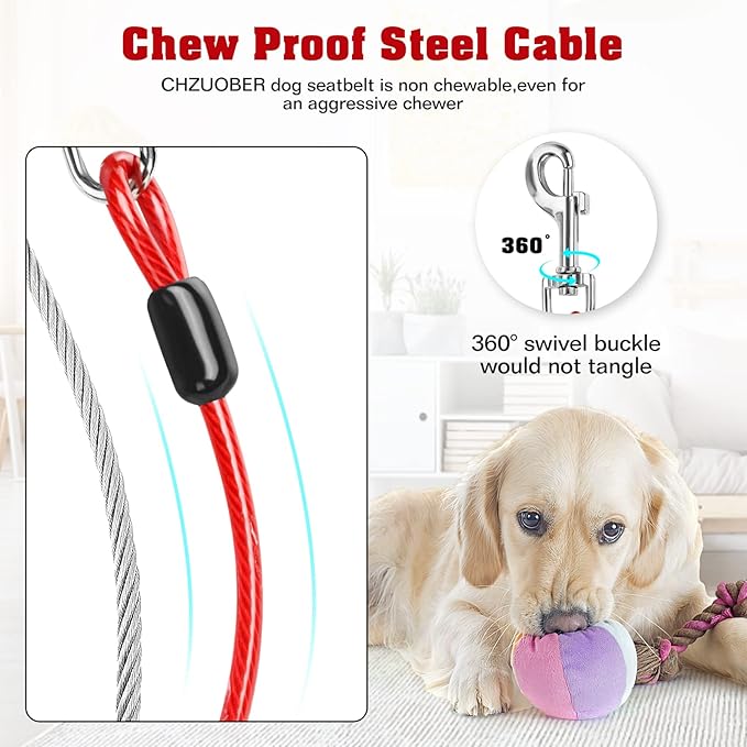 Chew Proof Dog Car Seat Belt, 2 in 1 Steel Cable Dog Car Accessories Headrest Restraint Dog Car Seatbelt for Medium Large Dogs Chewer Heavy Duty Dog Seatbelts for Cars Swivel Attach