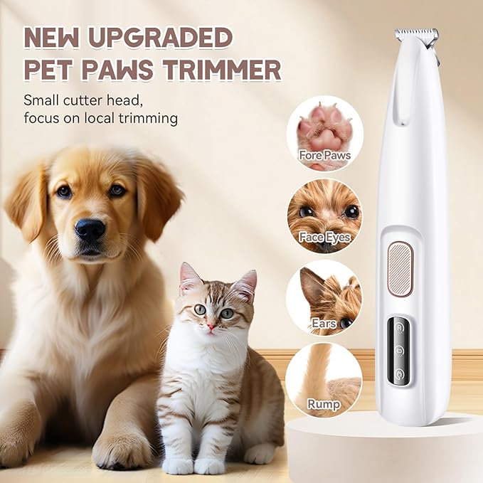Dog Paw Trimmer with LED Light, Paw Trimmer for Dogs Electric, Pet Hair Clippers Rechargeable Low Noise, Grooming Shaver for Cat's Eyes Face Ears Feet, Fully Waterproof (White)