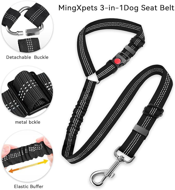 Dog Seat Belt for car, 3 Piece Set Retractable Dog Car Harness 2 Pack Adjustable Seatbelt for Dog in car, Nylon Pet Safety Seat Belts Tether Heavy Duty and Reflective Dog car Leash, Black