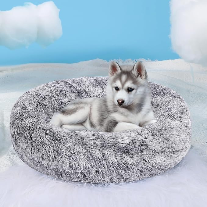 HYQ Small Dog Bed, Cat Beds for Indoor Cats, Pet Beds for Small Dogs, Fluffy Faux Fur Plush Small Dog Bed, Washable Puppy Bed with Anti-Slip Bottom, Dog Bed Small Size Dog (Gray-White, 20 Inch)