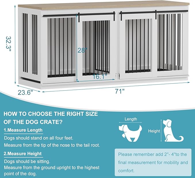 Large Dog Crate Furniture, 71" Wooden Dog Kennel for 2 Dogs, Heavy Duty Furniture Style Dog House with Divider & 2 Trays,Decorative Dog Crate Table Indoor Tv Stand