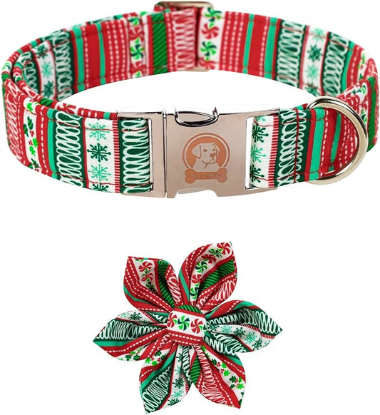 MR. CHUBBYFACE Christmas Plaid Flower Dog Collar for Boy Girl Dogs Adjustable Red Green Dog Collar with Flower for Small Medium Large Dogs