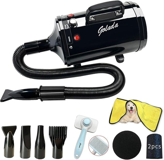 High Velocity Professional Dog Grooming Dryer,Adjustable Temperature and Speed Hair Dryer for Pets with 4 Nozzles