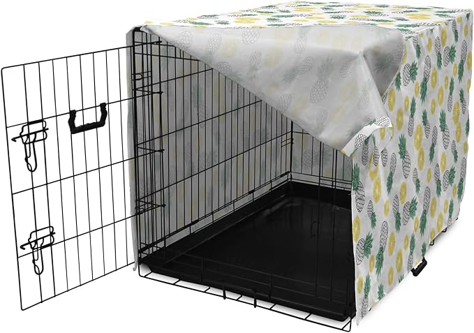 Lunarable Pineapple Dog Crate Cover, Doodle Style Whole and Sliced Pieces, Easy to Use Pet Kennel Cover for Cats & Medium Dogs, 30 Inch, White Yellow Jade Green