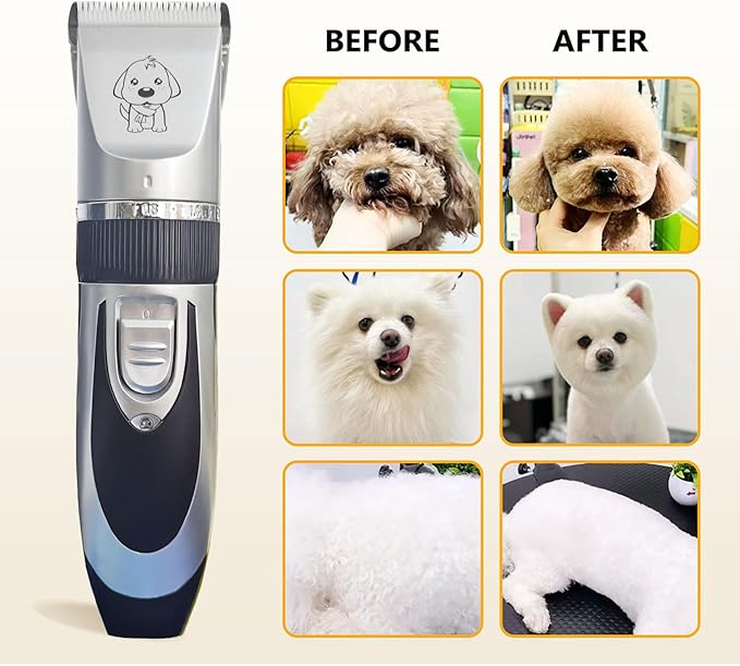 Dog Clippers Cat Clippers for Grooming Low Noise, Rechargeable, Cordless, Pet Shaver for Matted Hair, Quiet Animal Trimmer Pet Hair Thick Coats, for Dogs, Cats, Rabbits (Gray)