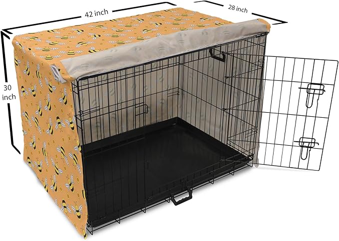 Ambesonne Honey Bee Dog Crate Cover, Cartoon Style Flies and Hexagonal Shapes Scattered, Easy to Use Pet Kennel Cover for Medium Large Dogs, 42 Inch, Orange Mustard