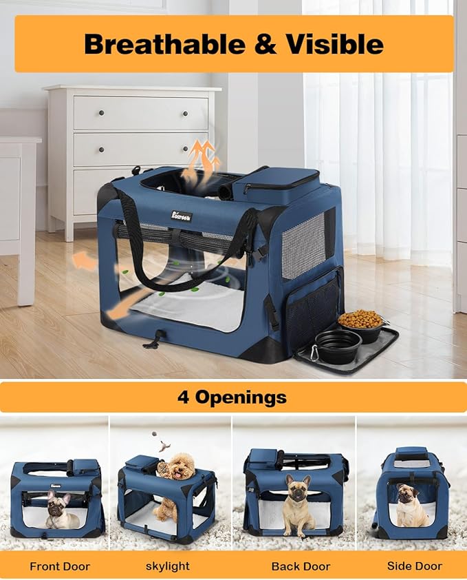 Extra Large Dog Crate with 2 Foldable Bowl, 28 Inch Collapsible Travel Dog Crate Kennel with Soft Blanket for Medium Dogs,Indoor & Outdoor (28" L x 20" W x 20" H, Navy)