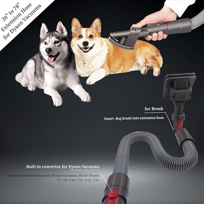 For Pet Grooming Kit Compatible with Dyson V7 V8 V10 V11 V12 V15 Vacuums with Extension Hose and Trigger lock, grey