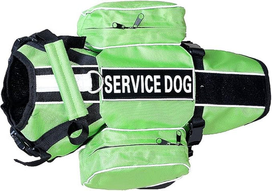 Service Dog Harness, Saddle Bag Backpack Carrier Outdoor Travel Hiking Camping Harness, Removable Saddle Bags and Patches (Green, L Girth 26-31")