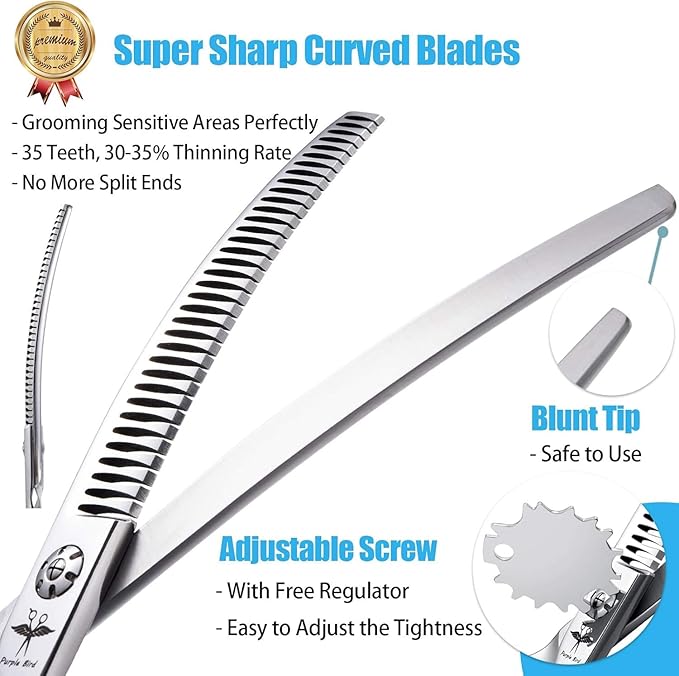 PURPLEBIRD 7 Inch Downward Curved Dog Grooming Scissors Pet Thinning Texturizing Shears Professional Safety Blunt Tip Trimming Shearing for Dogs Cats Face Paws Limbs Japanese Stainless Steel Silver