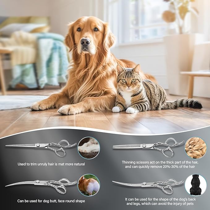 Dog Grooming Scissors,Silver with Safety Round Tips,5 in 1 Curved Dog Scissors for Grooming,Professional Pet Grooming Shears Set for Dogs and Cats