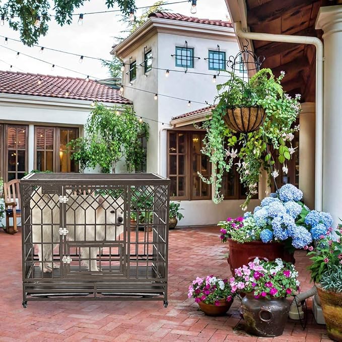 SMONTER Heavy Duty Dog Cage for Large Dog Strong Metal Kennel and Crate Pet Playpen with Three Doors, Four Wheels,42 Inch,Y Shape,Brown … … …