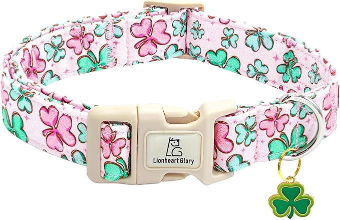 Lionheart glory St. Patrick's Day Dog Collar, Clover Collars Pink Dog Collar for Small Dogs Spring Female Dog Collar Adjustable Heavy-Duty Dog Collar Pet Gift Plastic Buckle