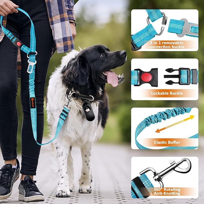 Removable Dog Seat Belt Harness for Car, 3 in 1 Pet Dog Car Seatbelt Leash, Retractable Restraint Secures to Vehicle Headrest & Adjustable Reflective Bungee Dog Seatbelt Tether with Poop Bag Holder