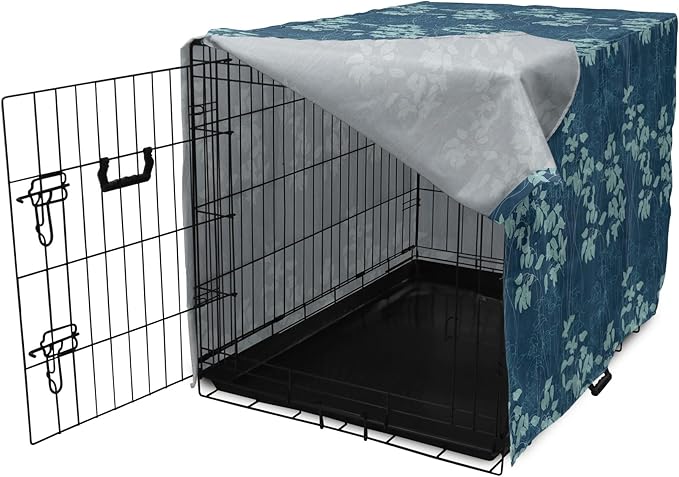 Lunarable Blue Floral Dog Crate Cover, Abstract Leaves and Outlines Rural Field Garden Foliage Art, Easy to Use Pet Kennel Cover for Cats & Medium Dogs, 24 Inch, Green Night