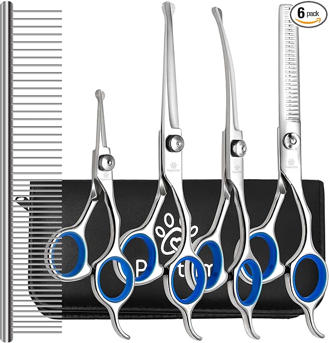Professional Pet Grooming Kit – 6 in 1 Dog Grooming Scissors Kit - Dog & Cat Grooming Supplies - Adjustable Screw Scissors, 4CR Stainless Steel Dog Clippers, Hair Thinning Shears, Rubber Grips
