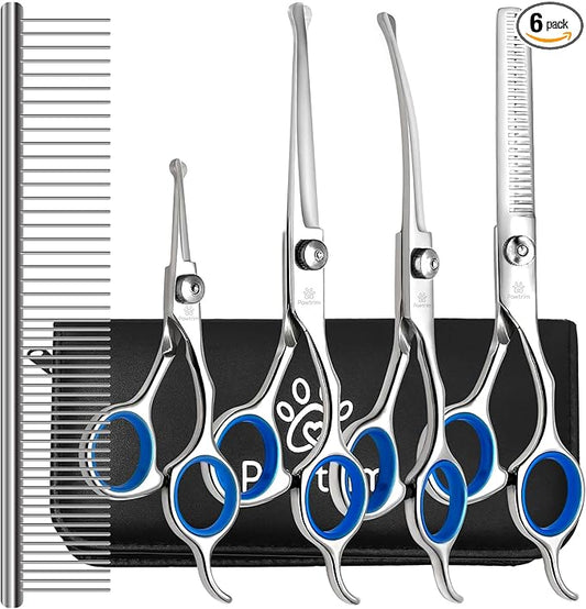 Professional Pet Grooming Kit – 6 in 1 Dog Grooming Scissors Kit - Dog & Cat Grooming Supplies - Adjustable Screw Scissors, 4CR Stainless Steel Dog Clippers, Hair Thinning Shears, Rubber Grips