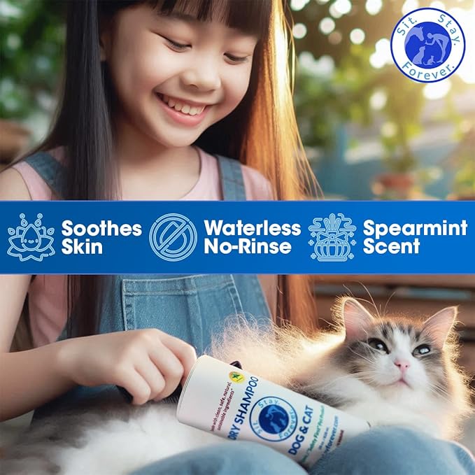 Sit. Stay. Forever. Natural, Dry Powder Shampoo for Dogs & Cats, Organic, Non-Toxic, Hypoallergenic Dog Deodorizer Powder, Anti-Itch & Odor Control, Easy No-Rinse Formula, Safe for Sensitive Skin