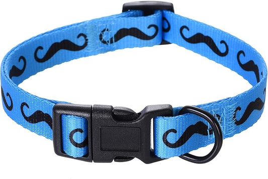 Mile High Life Dog Collar | Cute Puppy Collars | Lightweight Girl Dog Collar | Soft Boy Dog Collars | w Paws Bones Mustache Pattern (Blue, Large)