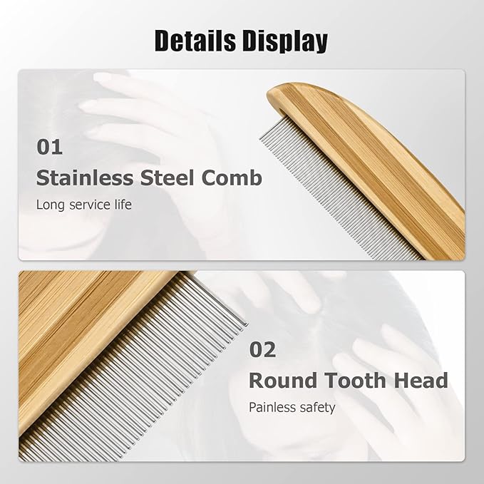 2-Pack Dandruff Comb, Stainless Steel Fine Tooth Comb Wooden Handle Dandruff Remover Flea Lice Comb Multifunction Hair Grooming Brush for Kids Adults Pets Dog